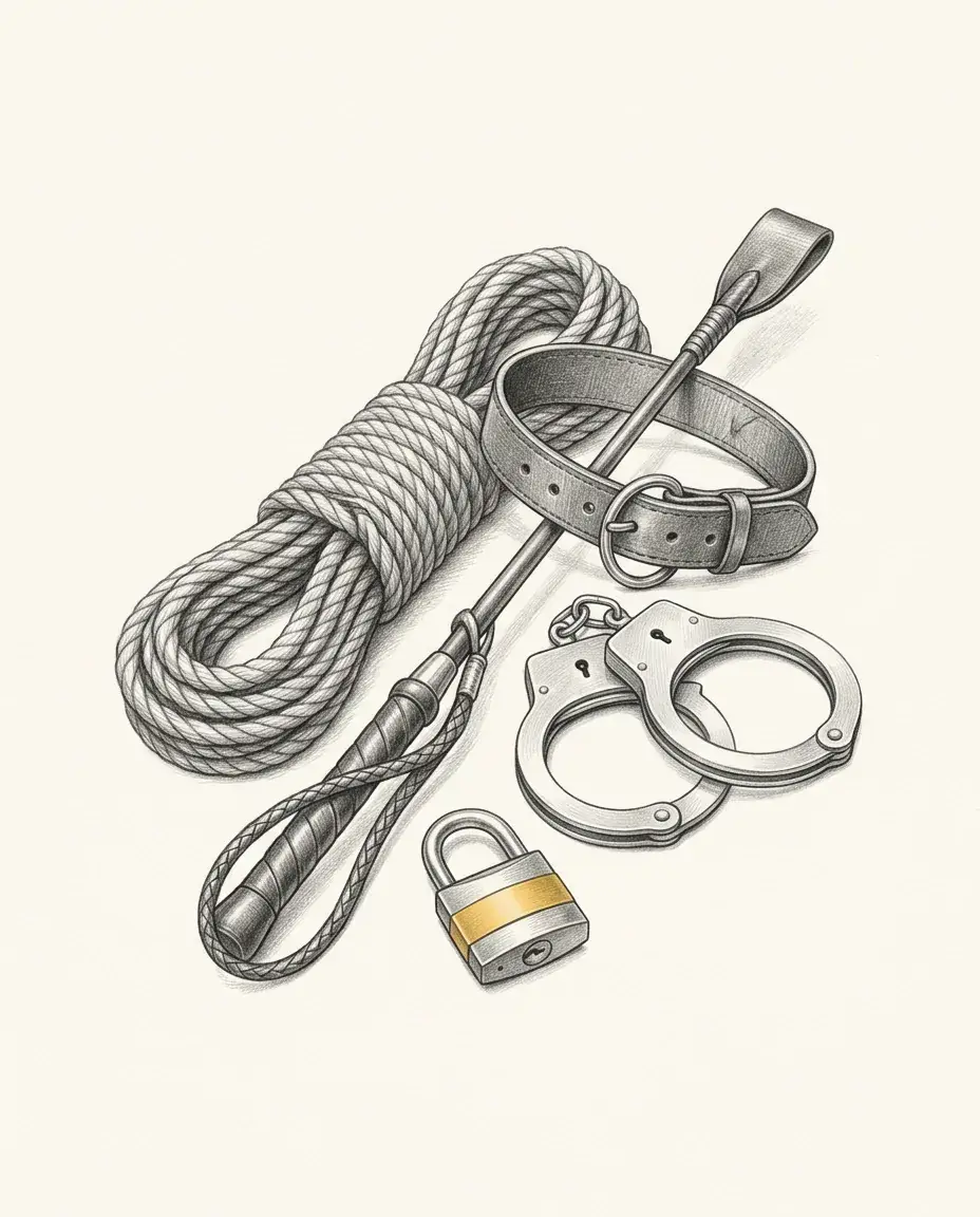 A coiled rope, a buckled collar and a slim riding crop lie together above open handcuffs and a padlock banded in gold.