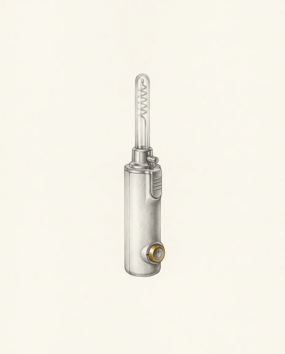 A violet wand stands upright with its glass electrode fitted, the coil visible inside and a gold-ringed switch on the body.